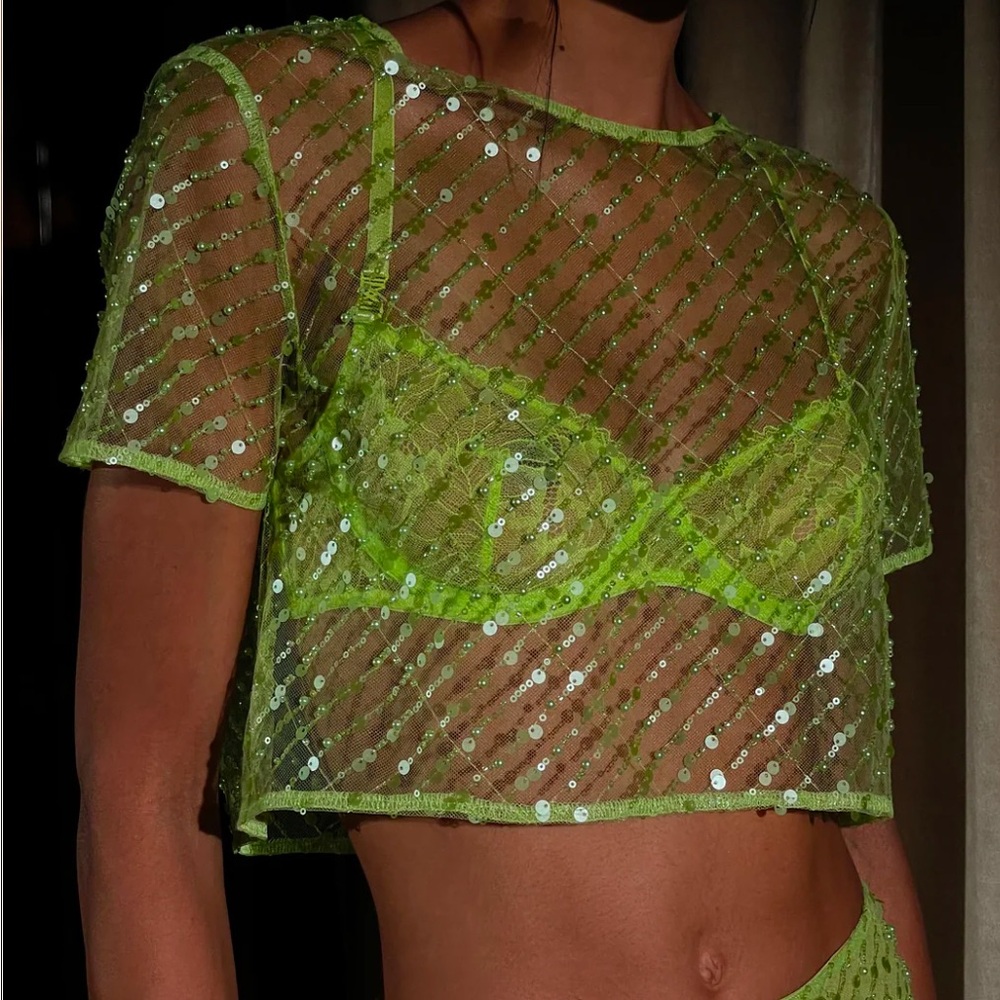 Meshki Brynne Sequin Short Sleeve Top - Parakeet Green - Picture 6 of 6